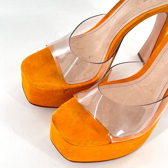 Schutz Haila Vinyl Suede Platform Sandals 10 Yellow Bright Sun Heels Womens - Picture 6 of 8